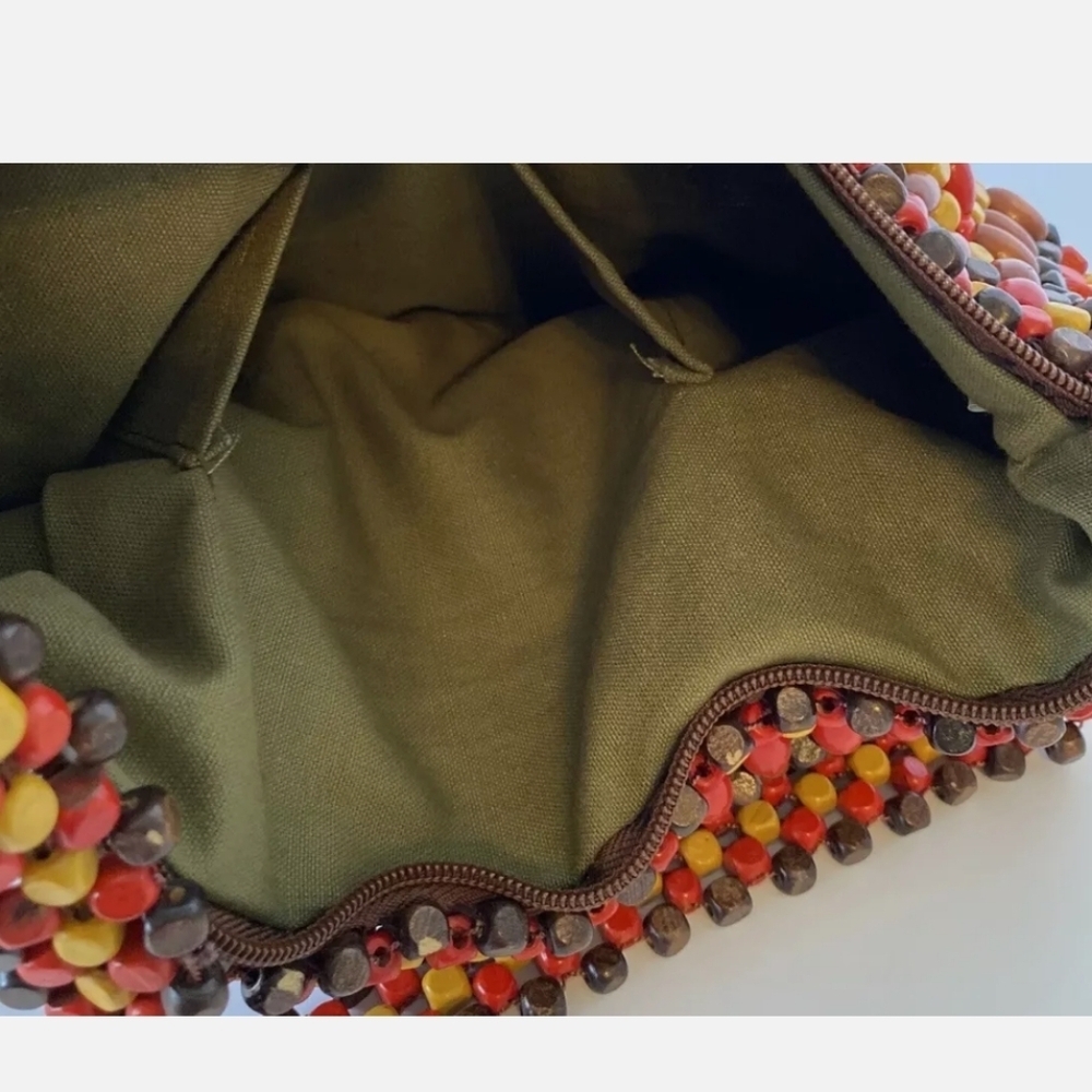 Wooden Bead Purse Satchel Hobo Bag Boho Hippie Bright Colors Red Brown Yellow - Picture 5 of 9